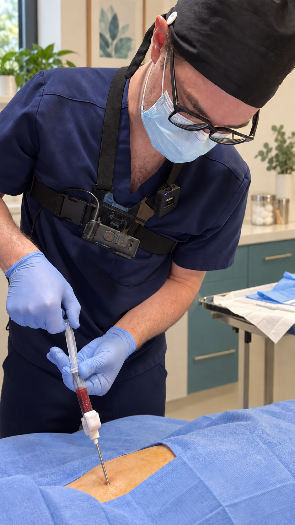Dr. Sean demonstrating a bone marrow aspiration procedure in a clean clinical teaching setting
