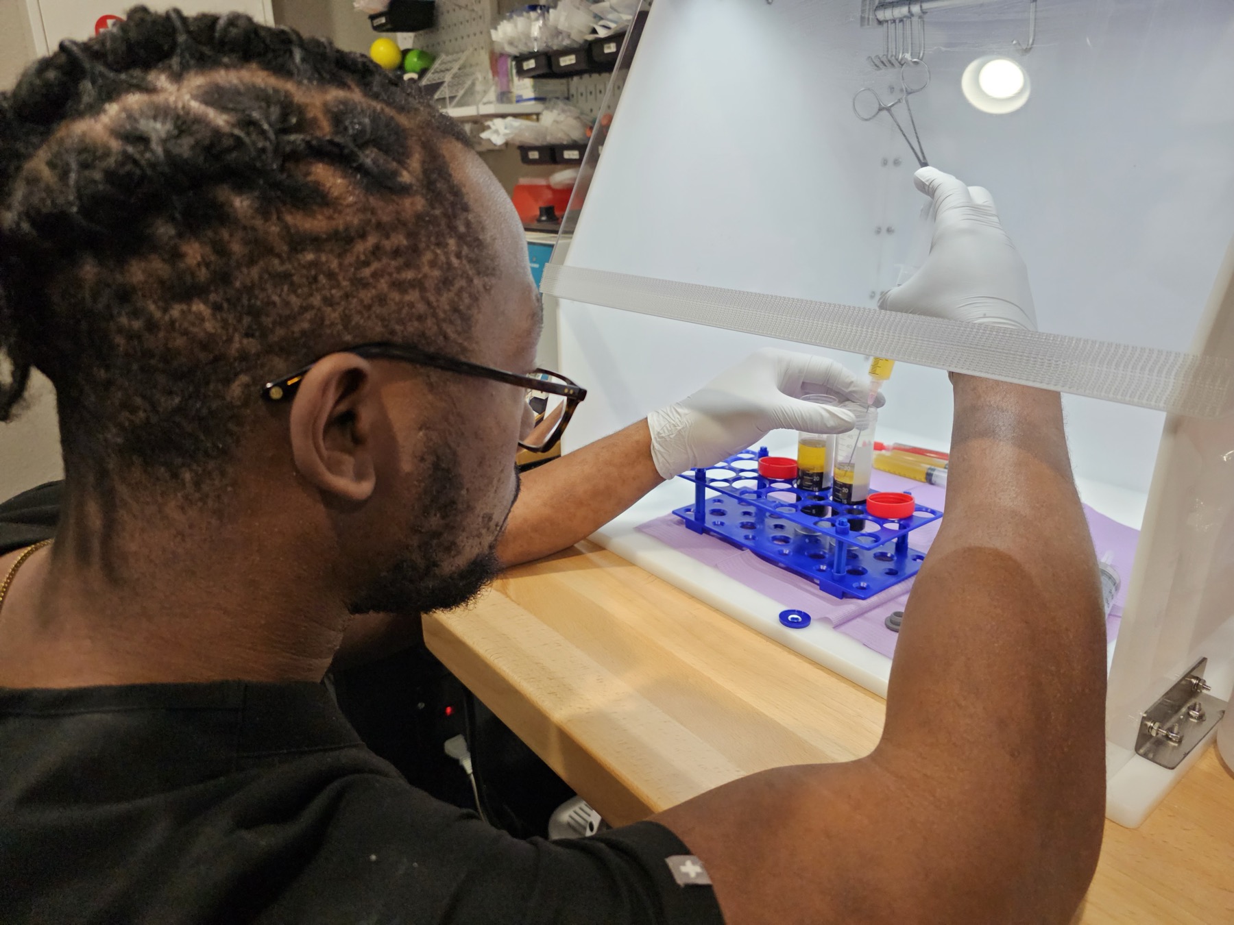 Platelet-rich plasma being prepared in a sterile hood